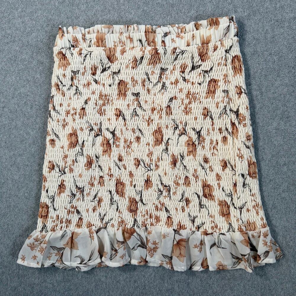 Bacio Women's Medium Smocked Floral Ruffle Mini Skirt Cream Brown Rayon